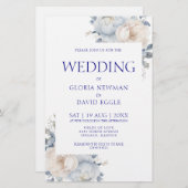 バジェットネイビーブルーフローラ結婚式招待状 (正面/裏面)