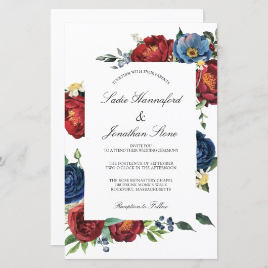 バジェットネイビーブルーブルガンディーレッド結婚式招待状 (正面/裏面)