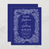 バジェットネイビーブルーホワイトフローラ結婚式招待状 (正面/裏面)