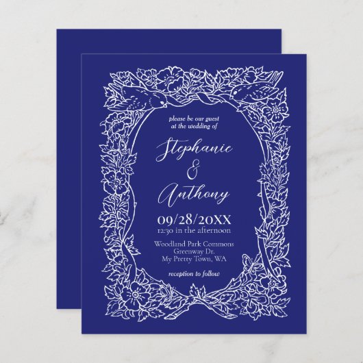 バジェットネイビーブルーホワイトフローラ結婚式招待状 (正面/裏面)