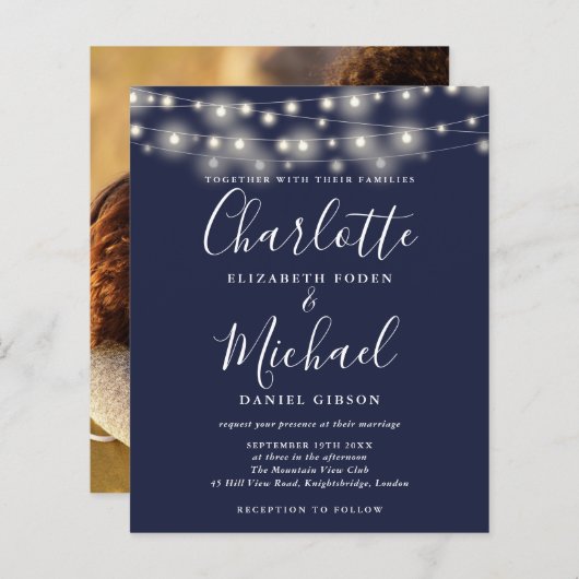 バジェットネイビーブルーライツフォト結婚式招待状 (正面/裏面)