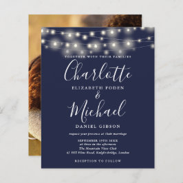 バジェットネイビーブルーライツフォト結婚式招待状