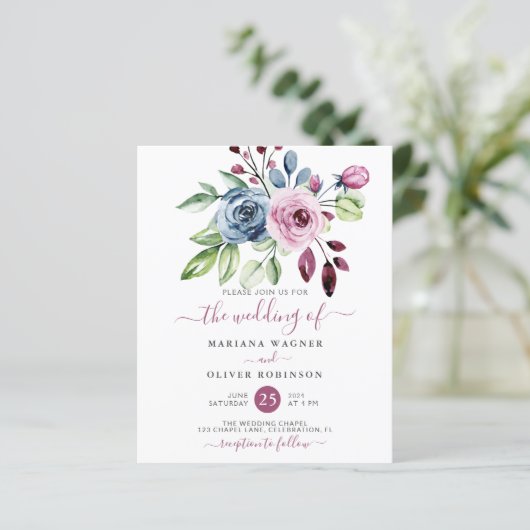 バジェットネイビーブルーワインフローラ結婚式招待状 (スタンド正面)