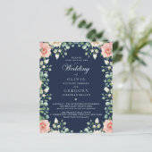 バジェットネイビーブルー淡い色のピンクフローラズ結婚フライヤー (スタンド正面)