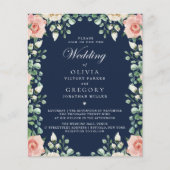 バジェットネイビーブルー淡い色のピンクフローラズ結婚フライヤー (正面)