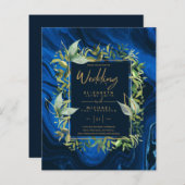 バジェットネイビーブルー金ゴールド緑の結婚式の招待 (正面/裏面)