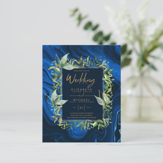 バジェットネイビーブルー金ゴールド緑の結婚式の招待 (スタンド正面)