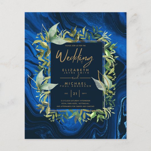 バジェットネイビーブルー金ゴールド緑の結婚式の招待 (正面)