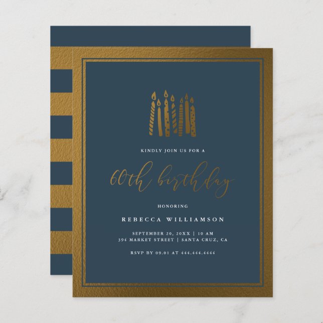 バジェットネイビーブルー&金ゴールドキャンドル60誕生日 (正面/裏面)