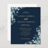 バジェットネイビーブルー&金ゴールドリーフ結婚式招待状 (正面/裏面)