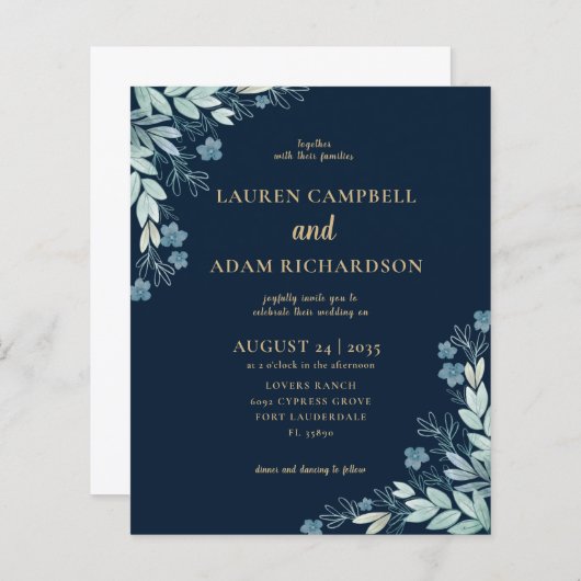 バジェットネイビーブルー&金ゴールドリーフ結婚式招待状 (正面/裏面)