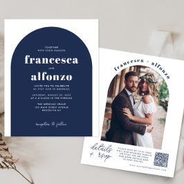 バジェットネイビーブルーRSVP QRコードレトロ写真結婚s