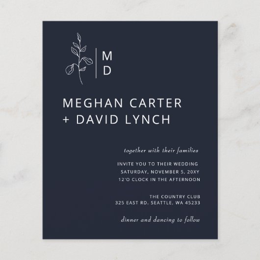 バジェットネイビーボタニカルモノグラム結婚式招待状 (正面)