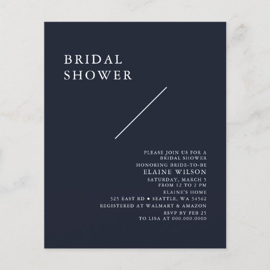 バジェットネイビーモダンブライダルシャワー招待 (正面)