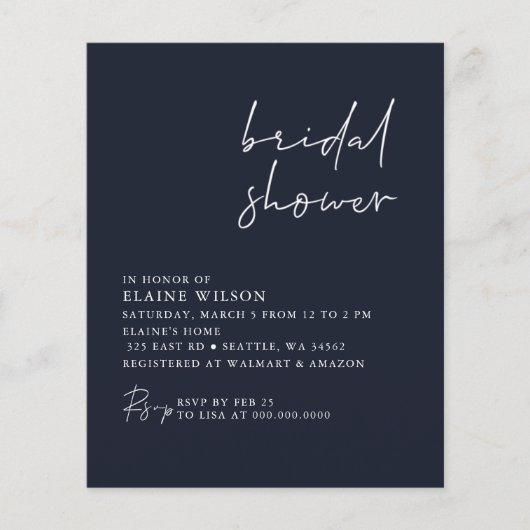 バジェットネイビーモダンブライダルシャワー招待 (正面)