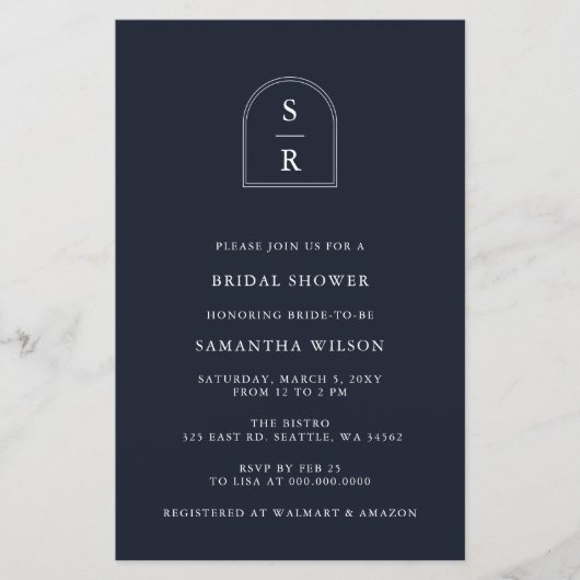 バジェットネイビーモノグラムブライダルシャワー招待 (正面)