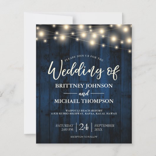 バジェットネイビー素朴ブルーストリングライツウッド招待状 (正面)