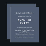 バジェットネイビー結婚ブルーの夕べパーティー招待状<br><div class="desc">シンプルダスティネイビー結婚ブルーブルー夕べパーティー招待状。4.5インチx 5.6インチの低価格の代替品。デフォルトのオプションであるセミグロス110 lbカードストック(招待状に推奨)またはサテン仕上げ80 lbシンナー紙ストック（エンクロージャに最適）で利用可能。詳細に文字をパーソナライズする簡単と、必要な各面のタイポグラフィと背景の色を変更するもしは、さらにオプションを使用して任意の選択に変更カスタマイズできます。</div>