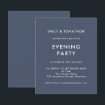 バジェットネイビー結婚ブルーの夕べパーティー招待状<br><div class="desc">シンプルダスティネイビー結婚ブルーブルー夕べパーティー招待状。4.5インチx 5.6インチの低価格の代替品。デフォルトのオプションであるセミグロス110 lbカードストック(招待状に推奨)またはサテン仕上げ80 lbシンナー紙ストック（エンクロージャに最適）で利用可能。詳細に文字をパーソナライズする簡単と、必要な各面のタイポグラフィと背景の色を変更するもしは、さらにオプションを使用して任意の選択に変更カスタマイズできます。</div>
