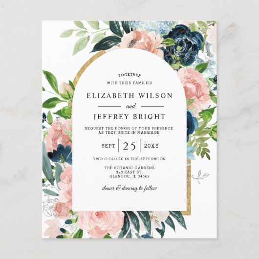 バジェットネイビー赤面フローラアーチ結婚式招待状 (正面)