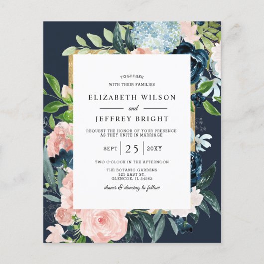 バジェットネイビー赤面金ゴールドフローラ結婚式招待状 (正面)