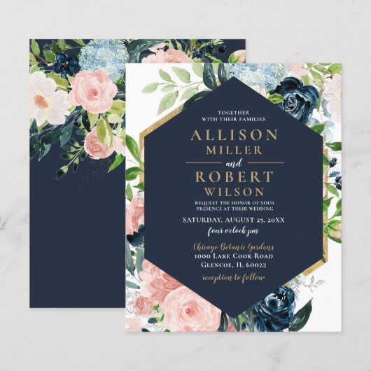 バジェットネイビー赤面金ゴールドフローラ結婚式招待状 (正面/裏面)