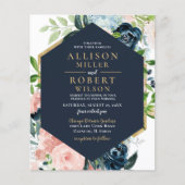 バジェットネイビー赤面金ゴールドフローラ結婚式招待状 (正面)