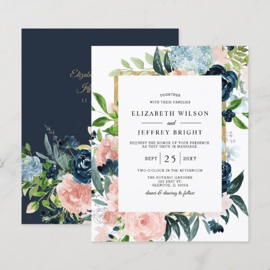 バジェットネイビー赤面金ゴールドフローラ結婚式招待状 (正面/裏面)