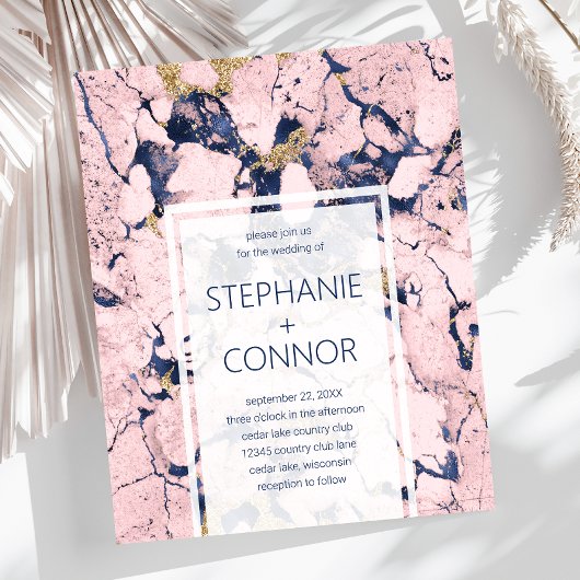 バジェットネイビー赤面金ゴールドマーブル結婚式招待状