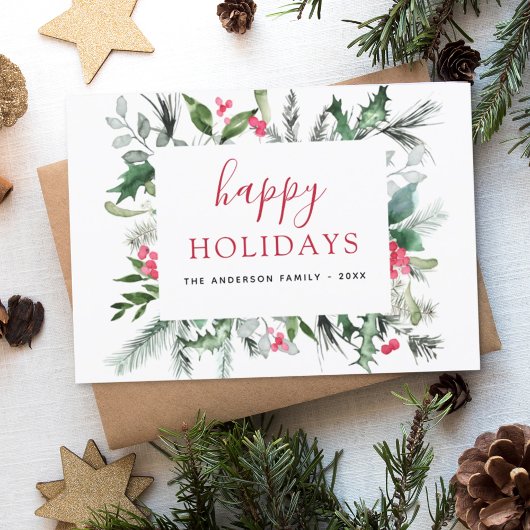 バジェットハッピーホリデーズクリスマスグリーンリーレッドカード シーズンポストカード