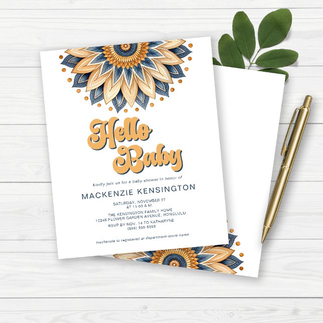 バジェットハローベビーブルー金ゴールドレトロベビーシャワー (BUDGET Hello Baby Blue and Gold Retro Boho Baby Shower Invitation)