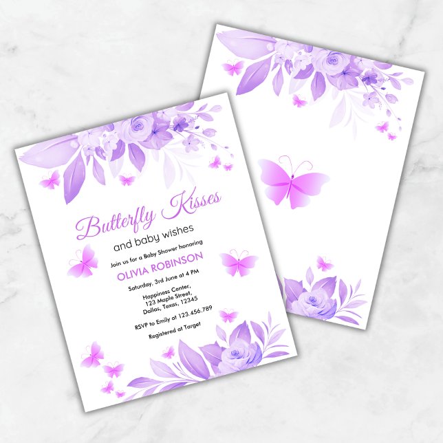 バジェットバタフライキスベビーシャワー招待状 (Budget Purple Butterfly Kisses & Baby Wishes Baby Shower Invitation )