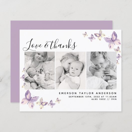 バジェットバタフライフォトベビーサンキューカード (正面/裏面)