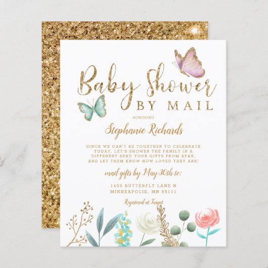 バジェットバタフライ金ゴールドベビーシャワーバイメール招待状 (正面/裏面)
