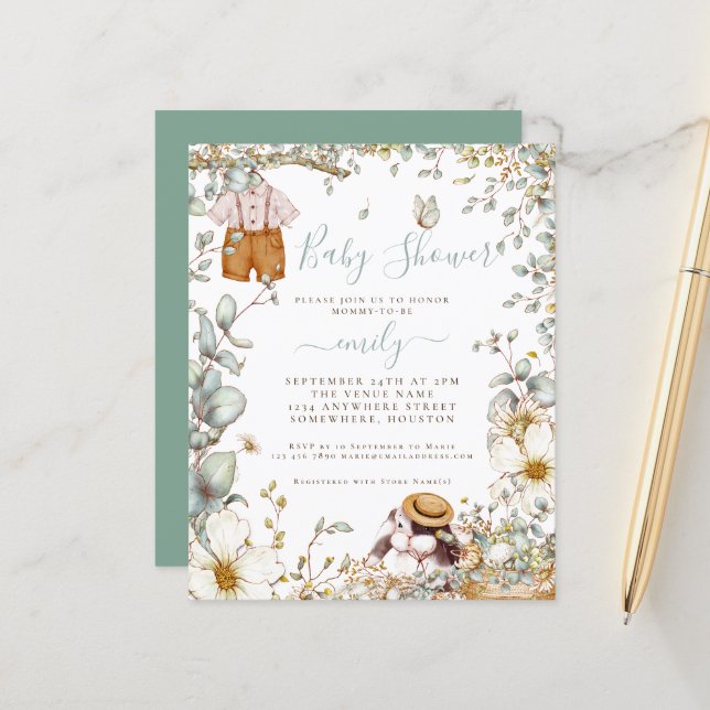 バジェットバニーセージボーイベビーシャワー招待状 (正面/裏面インサイチュ)