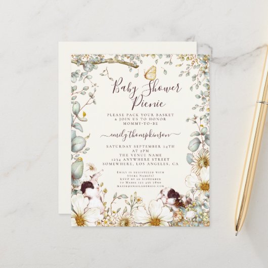 バジェットバニーベビーシャワーピクニックガールボーイ招待状 (正面/裏面インサイチュ)