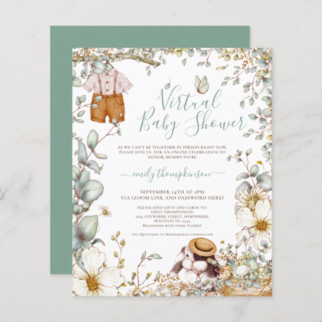 バジェットバニーボーイバーチャル赤ちゃんシャワー招待状 (正面/裏面)
