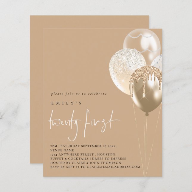 バジェットバルーン金ゴールドアイボリー21stパーティー招待状 (正面/裏面)