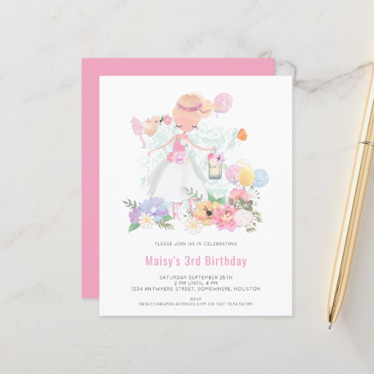 バジェットバレリナピンクガール3rd誕生日招待状 (正面/裏面インサイチュ)