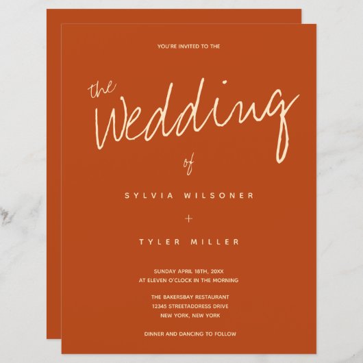 バジェットバーンオレンジタイポグラフィ結婚式招待状 (正面/裏面)