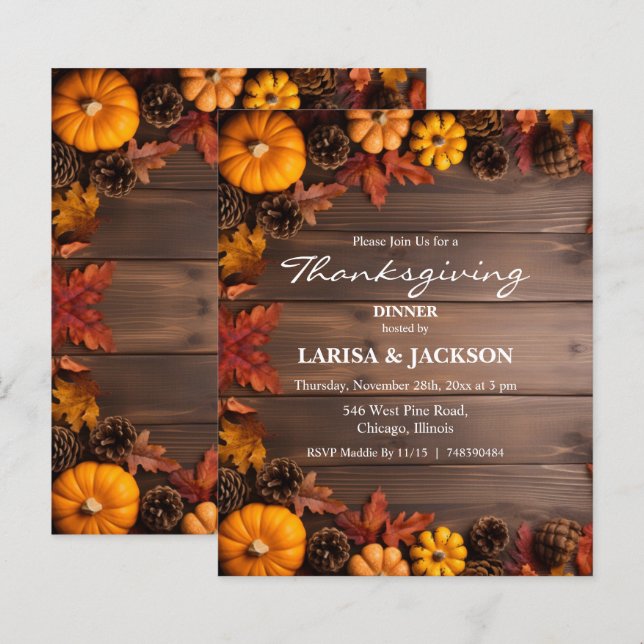 バジェットパインコーンパンプキンサンクスギビング招待状 (正面/裏面)