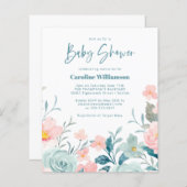 バジェットパステルティール（緑がかった色）ピンクフローラベビーシャワー招待状 (正面/裏面)