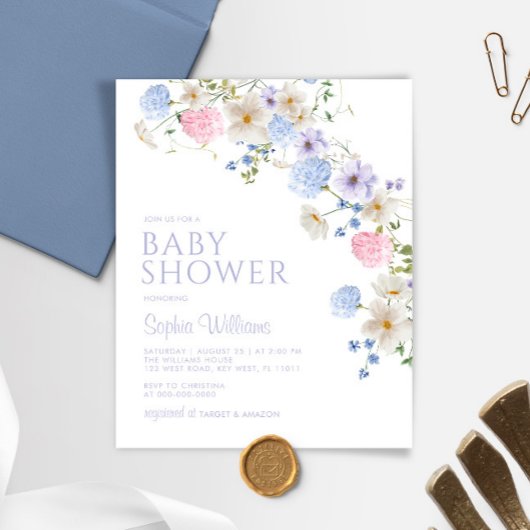 バジェットパステルワイルドフラワーベビーシャワー招待状