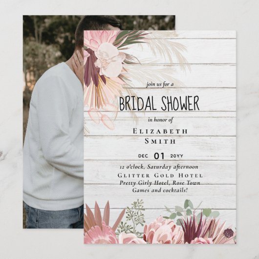 バジェットパンパスグラスフォトブライダルシャワー招待状 (正面/裏面)