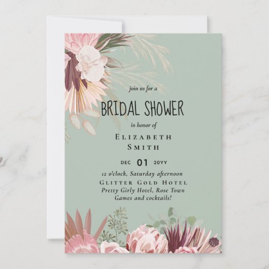 バジェットパンパスグラスフォトブライダルシャワー招待状 (正面)