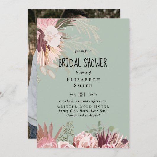 バジェットパンパスグラスフォトブライダルシャワー招待状 (正面/裏面)