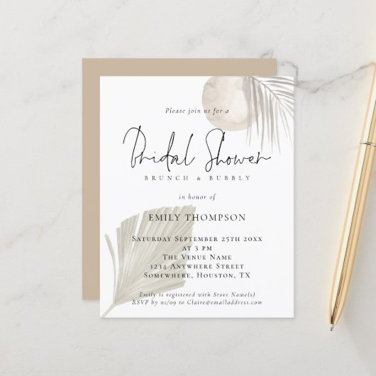バジェットパンパスブランチバブリーブライダルシャワー招待状 (正面/裏面インサイチュ)