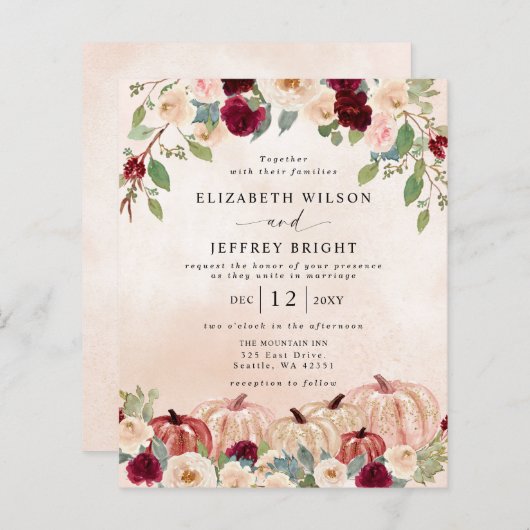 バジェットパンプキンズカントリー秋の結婚式招待状 (正面/裏面)