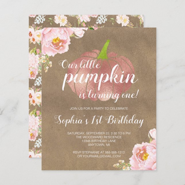 バジェットパンプキンフローラガール1st誕生日招待状 (正面/裏面)