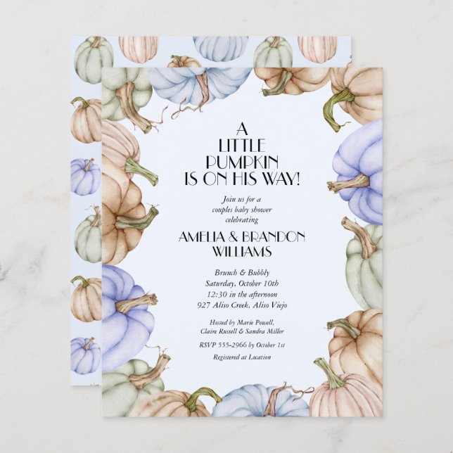 バジェットパンプキンボーイベビーシャワー招待状 (正面/裏面)